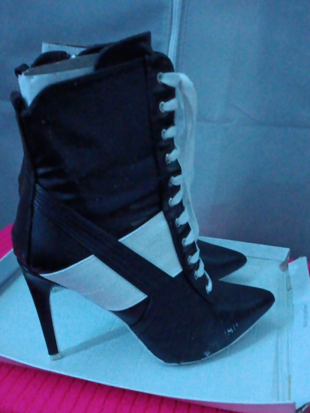 Black and White Lace-Up Stiletto Ankle Boots